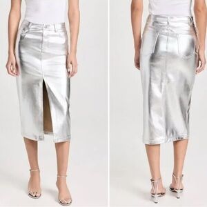 7 For All Mankind Metallic Silver Midi Skirt